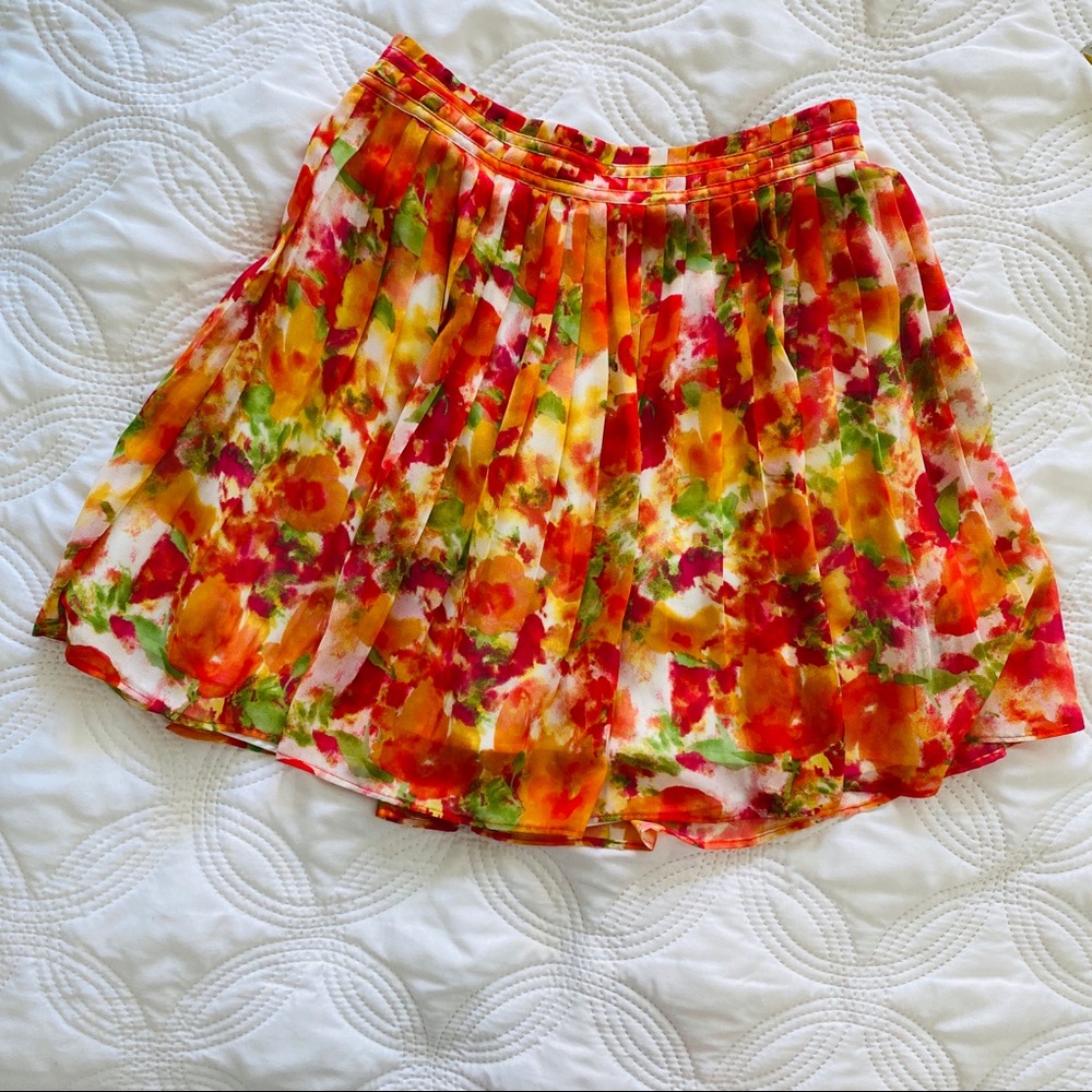 Orange pink spring summer floral splatter print pleated silky skirt